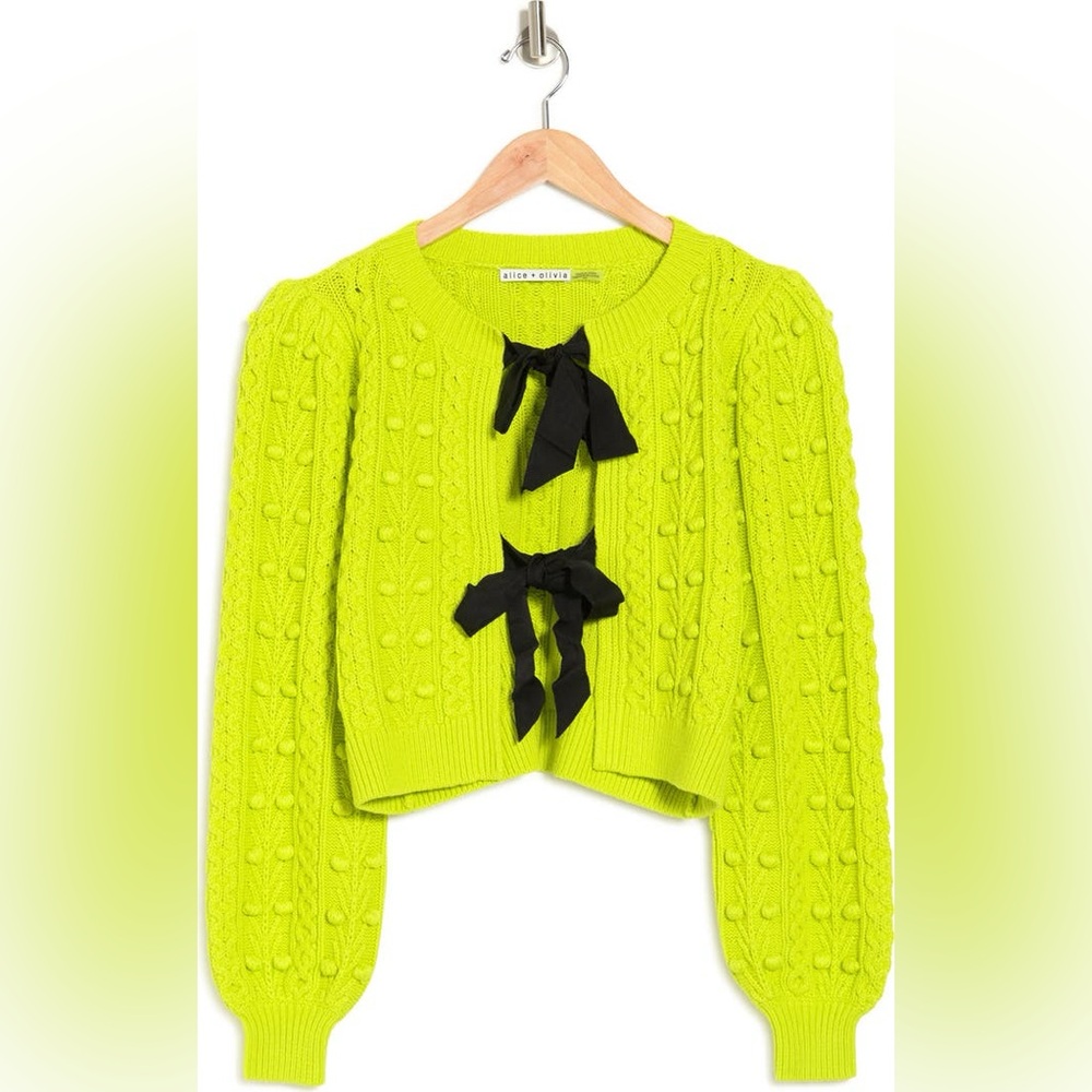 Alice + Olivia Kitty Puff Sleeve Lime Green Sweater Bow Detail Wool Blend - Picture 2 of 9